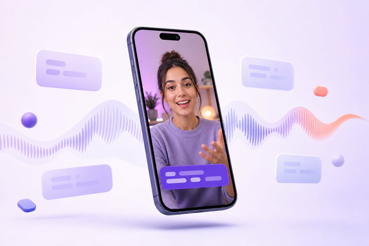 סמארטפון מציג סרטון אנכי עם פס כתוביות בתחתית המסך