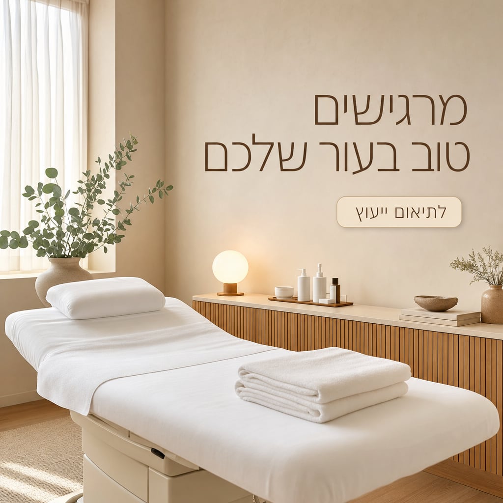 מודעה לקליניקת אסתטיקה שנוצרה ב-AI: חדר טיפולים רגוע בגווני בז' עם כותרת בעברית