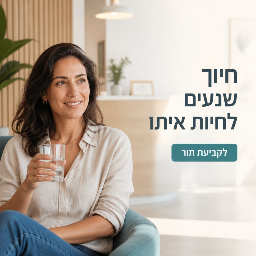 מודעה למרפאת שיניים שנוצרה ב-AI: מטופלת מחייכת בכיסא המתנה מודרני