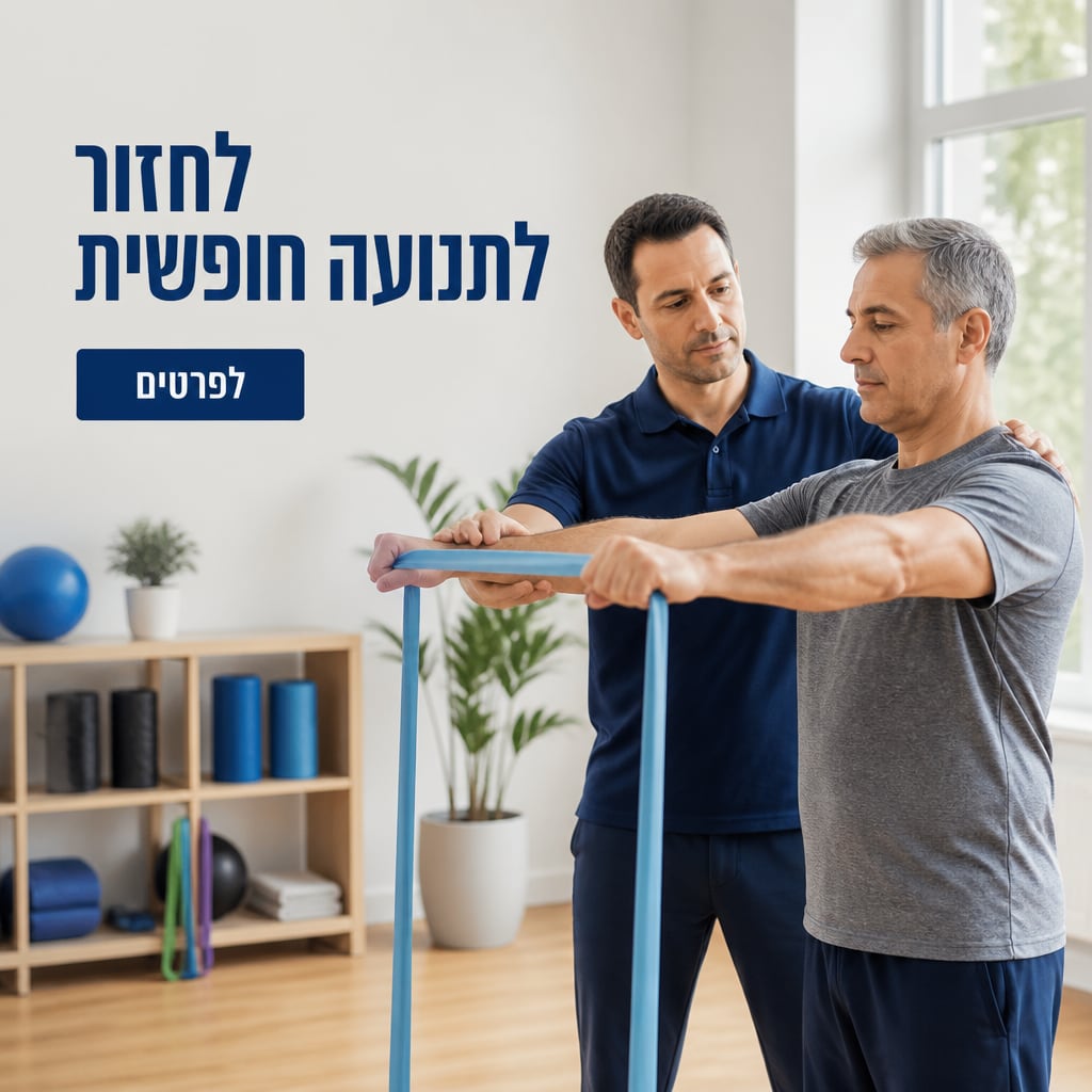 מודעה לקליניקת פיזיותרפיה שנוצרה ב-AI: מטפל מדריך מטופל בתרגיל תנועה בסטודיו מואר