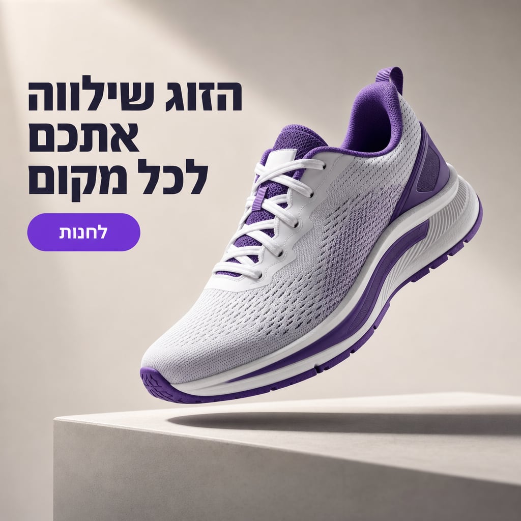 מודעה לחנות נעליים אונליין שנוצרה ב-AI: נעל ריצה על רקע נקי עם כותרת בעברית