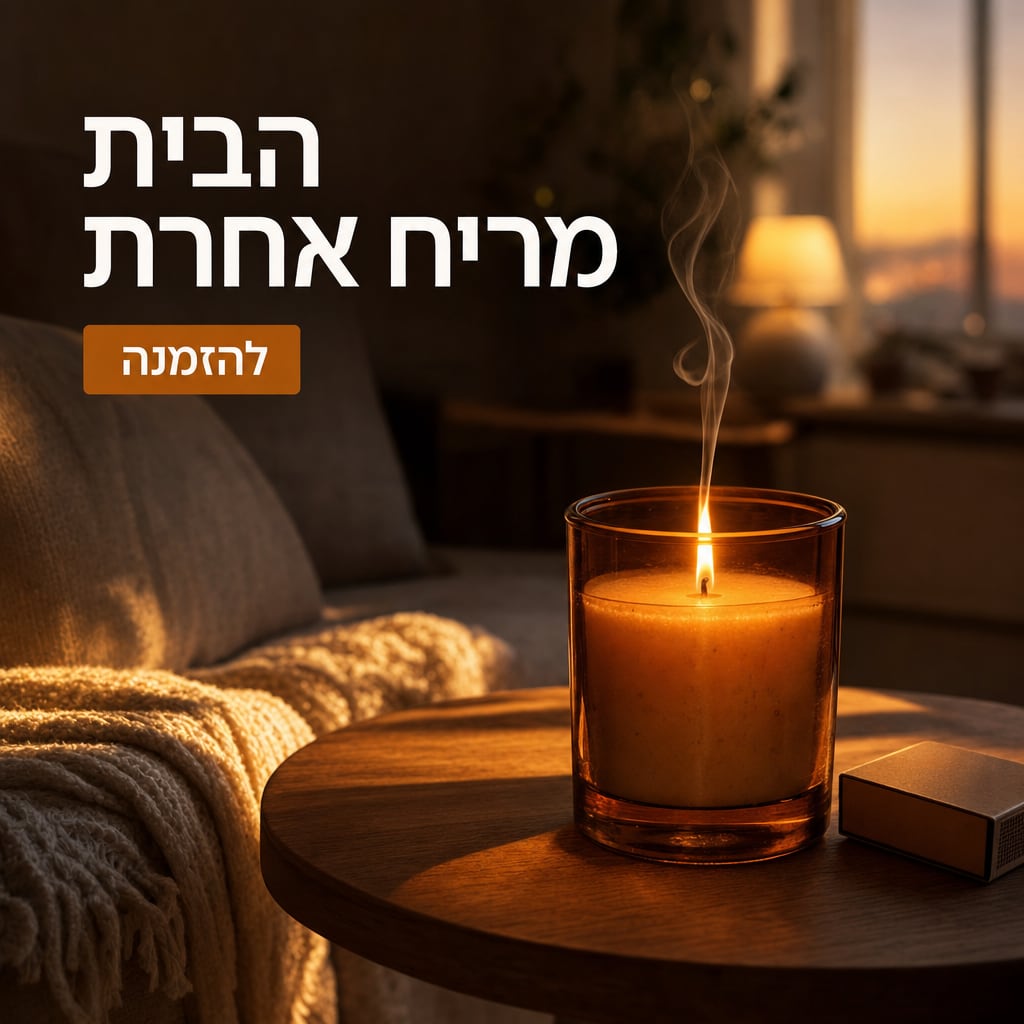 מודעה לחנות עיצוב הבית שנוצרה ב-AI: נר ריחני דולק בסלון חמים