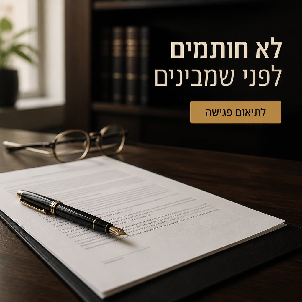 מודעה למשרד עורכי דין שנוצרה ב-AI: שולחן ישיבות מסודר עם חוזה ועט, כותרת בעברית