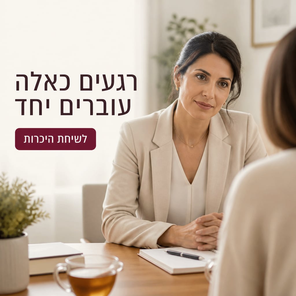 מודעה לעורכת דין לענייני משפחה שנוצרה ב-AI: פגישת ייעוץ רגועה בחדר מואר, כותרת בעברית