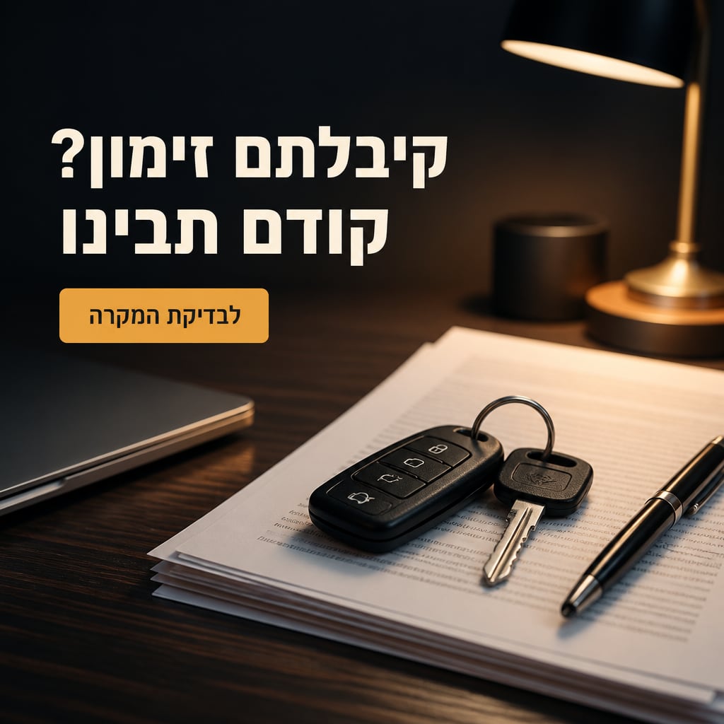 מודעה לעורך דין תעבורה שנוצרה ב-AI: מסמכים ומפתחות רכב על שולחן, כותרת בעברית