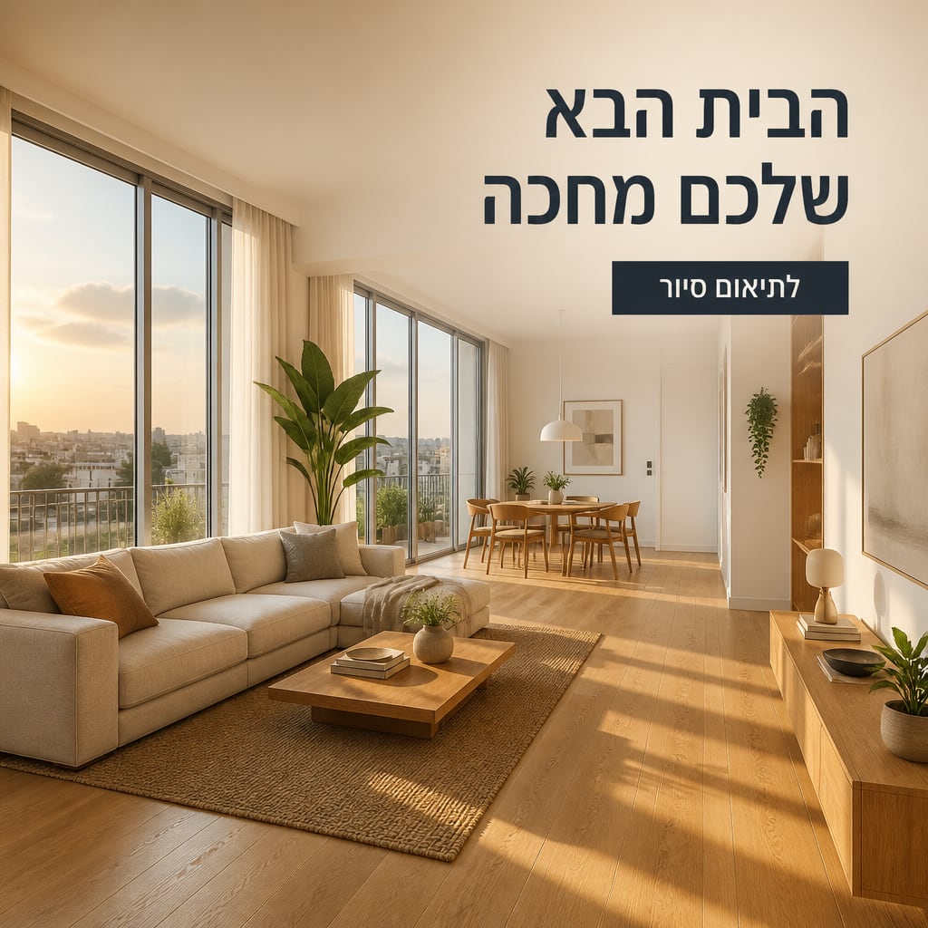 מודעת נדל"ן שנוצרה ב-AI: סלון מרווח שטוף אור זהוב עם כותרת בעברית