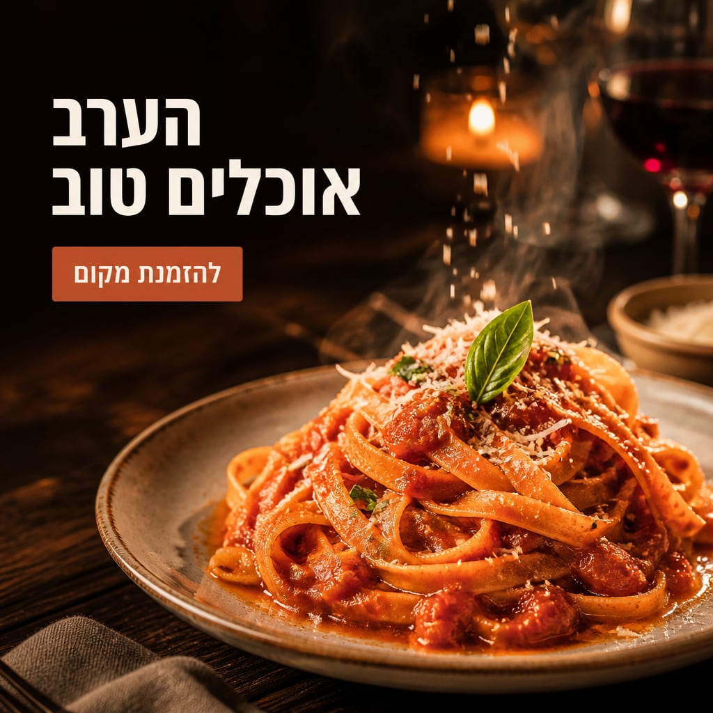 מודעה למסעדה איטלקית שנוצרה ב-AI: צלחת פסטה מהבילה בתאורה חמה עם כותרת בעברית