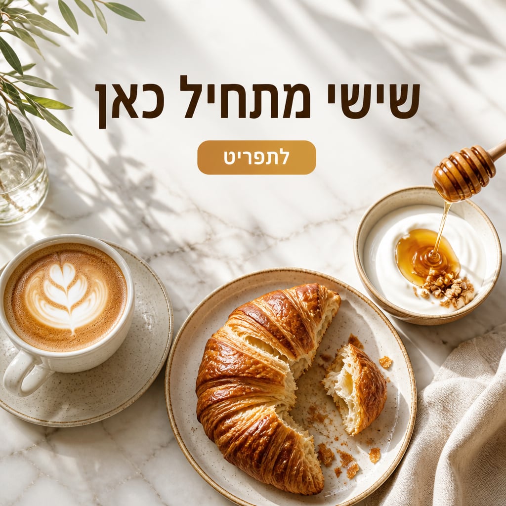 מודעה לבית קפה שנוצרה ב-AI: שולחן בראנץ' שטוף שמש עם קפה ומאפים וכותרת בעברית