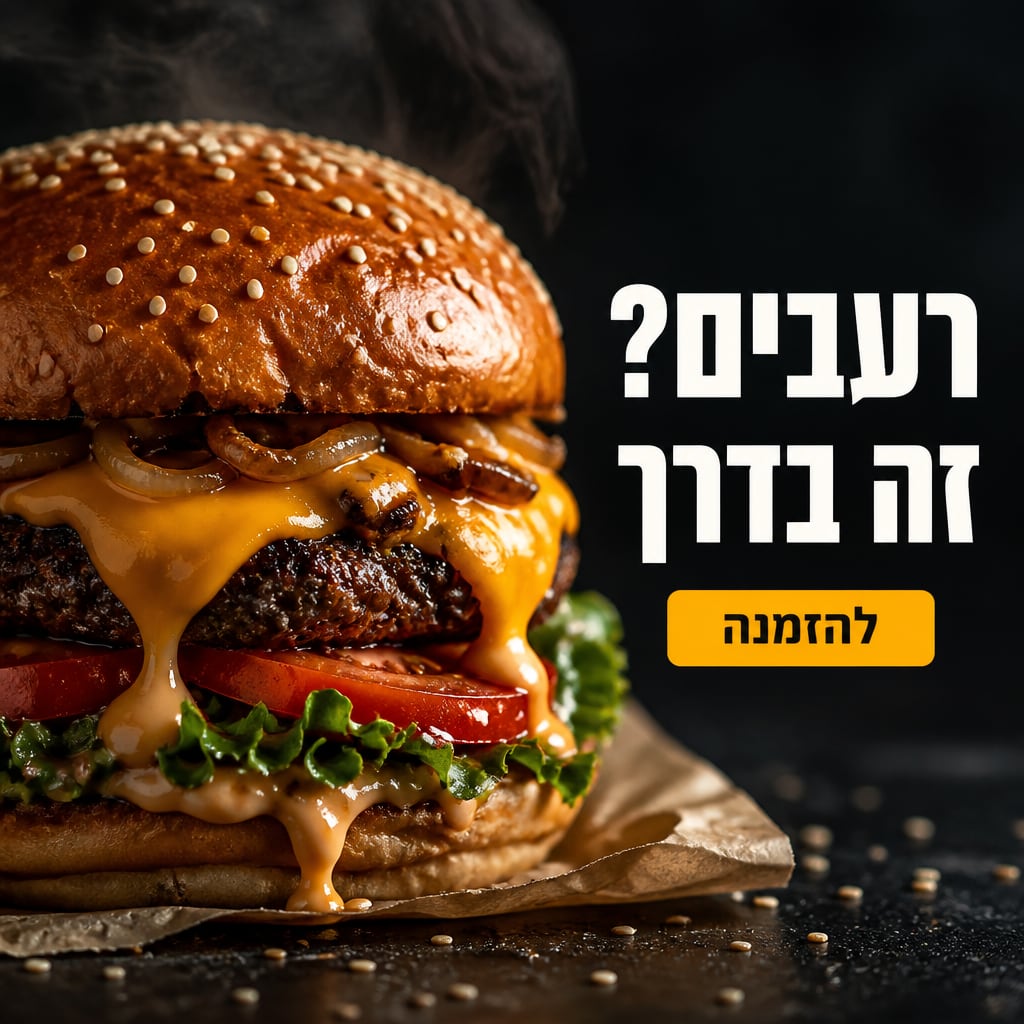 מודעת משלוחים שנוצרה ב-AI: המבורגר עסיסי בקלוז-אפ עם כותרת בעברית